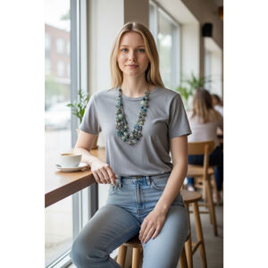 Crystal Avenue beaded necklace in light green with teal, black and silver-toned